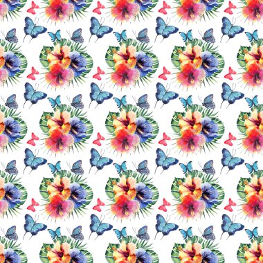 Güzel şirin sofistike muhteşem harika ihale nazik bahar renkli tropikal hibiscus, palmiye yaprakları ve parlak tropikal kelebekler desen suluboya el çizimi