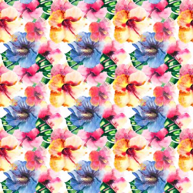 Güzel parlak güzel renkli tropikal hawaii çiçek bitkisel yaz desen tropikal hibiscus çiçek ve yaprak suluboya el kroki palms