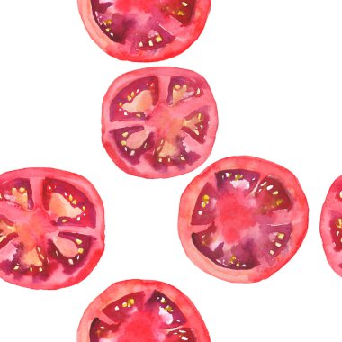 Parlak olgun lezzetli lezzetli güzel tarım yaz salata kırmızı domates doğranmış ve desen suluboya el illüstrasyon dilimlenmiş. Menü, tekstil, tebrik kartları için mükemmel