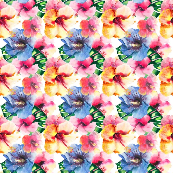 Belle lumineux belle coloré tropical hawaii floral motif d'été à base de plantes de fleurs tropicales hibiscus et palmiers feuilles aquarelle croquis à la main — Photo