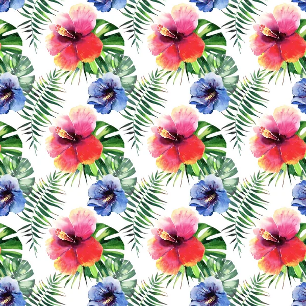 Belle belle belle magnifique vert tropical hawaii floral à base de plantes motif coloré d'été de fleurs tropicales hibiscus et palmiers feuilles aquarelle illustration à la main — Photo