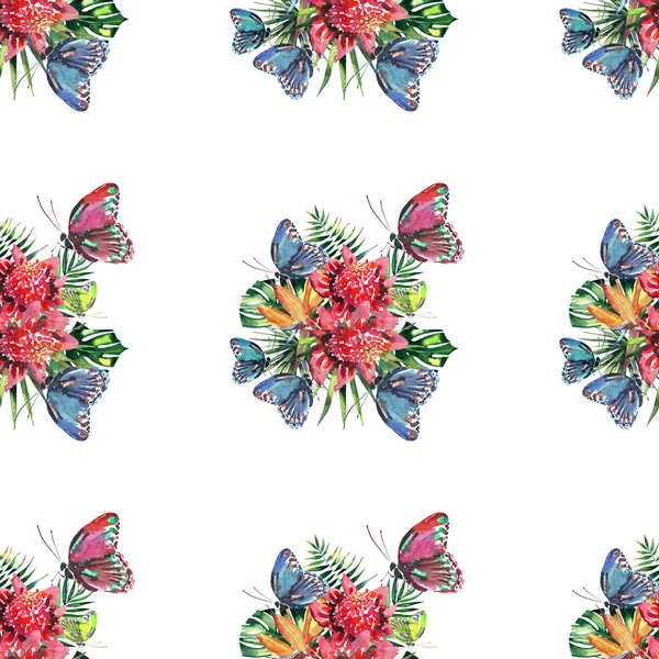 Beautiful bright lovely colorful tropical hawaii floral herbal summer pattern of tropical flowers and red pink green yellow blue purple tropical butterflies watercolor hand sketch — Stock Photo, Image