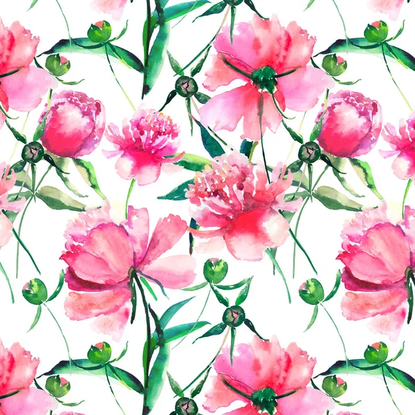 Lumineux mignon tendre belle belle magnifique printemps floral pivoine rose avec des feuilles vertes et bourgeons aquarelle illustration à la main. Parfait pour carte de vœux, design textile — Photo