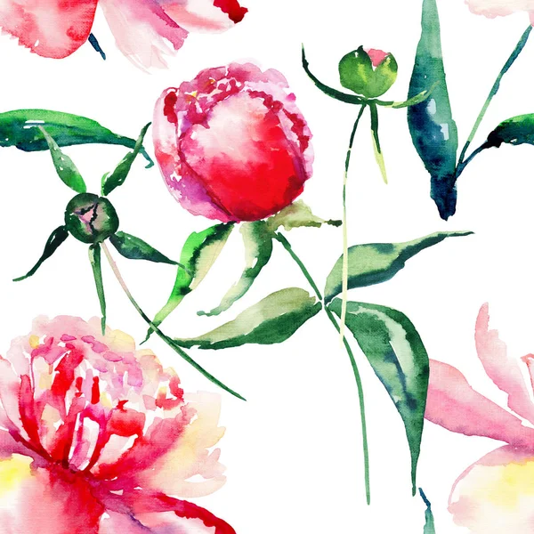 Mooie gevoelige tedere schattig mooie bloemen kleurrijke lente zomer roze, rode, oranje pioenrozen met groene bladeren en knoppen patroon aquarel hand schets — Stockfoto