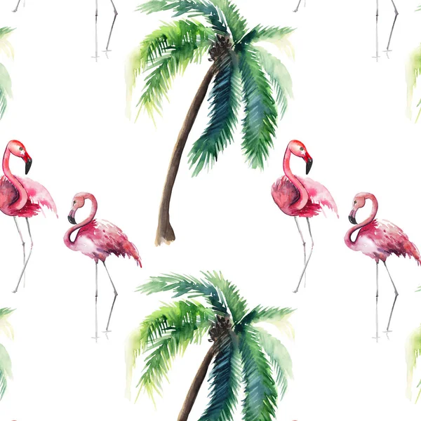 Vackra ljusa gröna härliga underbara hawaii blommig sommar mönster av en tropisk grön palmer och anbud rosa flamingos akvarell hand skiss. Perfekt för gratulationskort, textil, tapeter, omslagspapper — Stockfoto