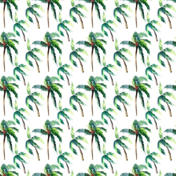 Hermoso brillante lindo verde tropical encantador maravilloso hawaii patrón de verano de hierbas florales de un boceto de la mano de las palmeras acuarela. Perfecto para tarjetas de felicitación, textiles, fondos de pantalla, papel de envolver —  Fotos de Stock