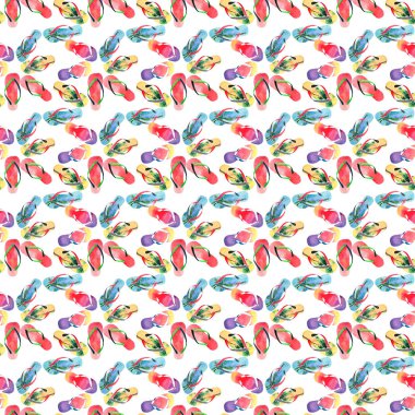 Tropikal palmiye tasarımı ile güzel parlak konfor yaz desen plaj mavi sarı Flip Floplar, kırmızı yeşil flip floplar, suluboya el resimde sarı turuncu pembe kırmızı mavi mor flip flop