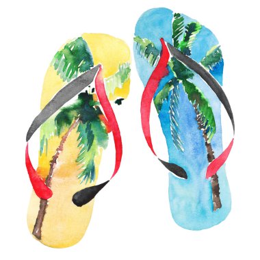 Tropikal palmiye tasarlamak suluboya el ile güzel parlak güzel konfor yaz desen plaj mavi sarı flip flop