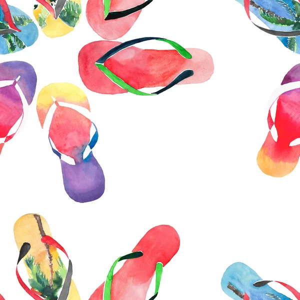 Mooie heldere comfort zomer patroon van strand blauw geel flip flops met tropische palm design, rode groene flip flops, geel oranje roze rood blauw paarse flip flops aquarel hand illustratie — Stockfoto