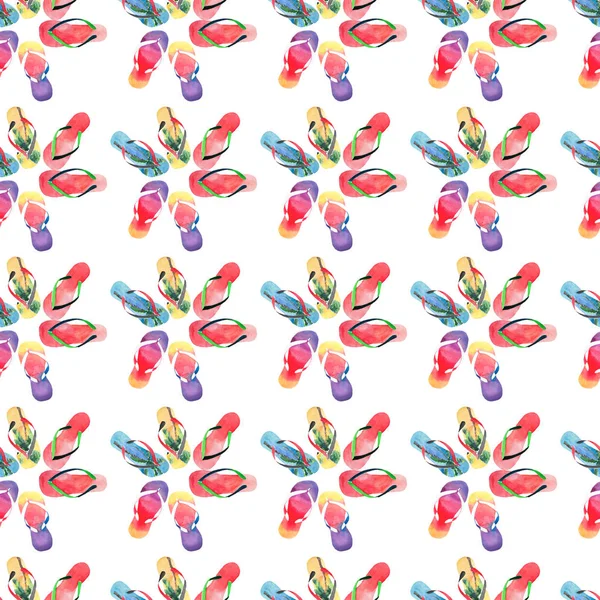 Krásný slunný komfortní letní vzor beach modré žluté flip flops s designem tropical palm, červené zelené žabky, žluté oranžové růžové červené modré fialové žabky akvarel ruku ilustrace — Stock fotografie