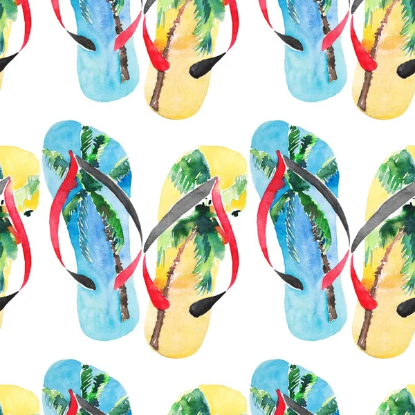 Beautiful bright lovely comfort summer pattern of beach blue yellow flip flops with tropical palm design watercolor hand illustration — Stock Photo, Image