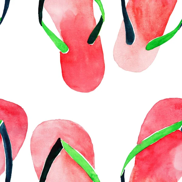 Vackra ljusa härliga söta komfort sommaren mönster beach röd grön flip flops akvarell hand illustration. Perfekt för gratulationskort, textil, tapeter, omslagspapper — Stockfoto