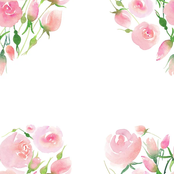Όμορφη λεπτή διαγωνισμού χαριτωμένο κομψό floral πολύχρωμο ανοιξιάτικη καλοκαίρι ροζ και κόκκινα τριαντάφυλλα με μπουμπούκια και κίτρινο μπλε μοβ αγριολούλουδα και φύλλα ανθοδέσμες πλαίσιο ακουαρέλα χέρι εικονογράφηση — Φωτογραφία Αρχείου