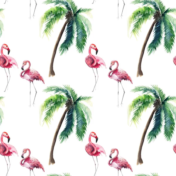 Schöne leuchtend grüne hawaii florales Sommermuster einer tropischen grünen Palme und zarte rosa Flamingo-Aquarell-Handskizze. ideal für Grußkarten, Textilien, Tapeten, Geschenkpapier — Stockfoto