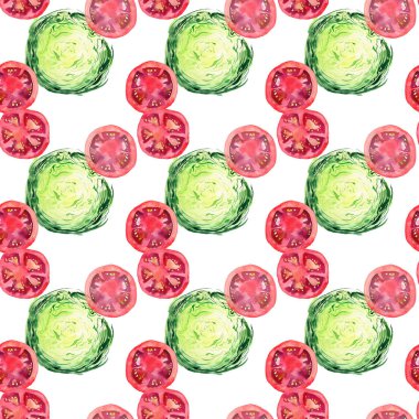 Parlak olgun lezzetli lezzetli güzel tarım yaz yeşil salata lahana ve kırmızı domates doğranmış ve desen suluboya el illüstrasyon dilimlenmiş. Menü, tekstil, tebrik kartları için mükemmel