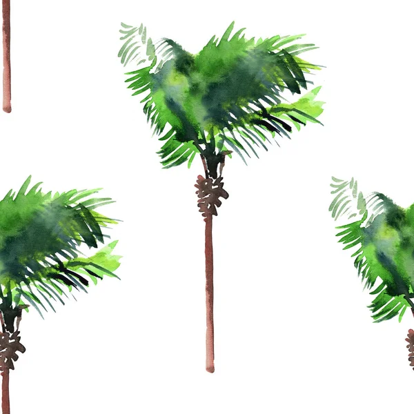 Vakre, søte, grønne tropiske, vidunderlige hawaii blomsterurter. Sommermønsteret på en akvarell av palmer. Perfekt for gratulasjonskort, tekstiler, tapeter, innpakningspapir – stockfoto