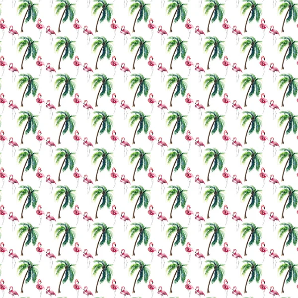 Bella verde brillante bello meraviglioso hawaii floreale modello estivo di palme tropicali e rosa fenicottero acquerello mano schizzo. Perfetto per biglietti di auguri, tessili, carte da parati, carta da regalo — Foto Stock