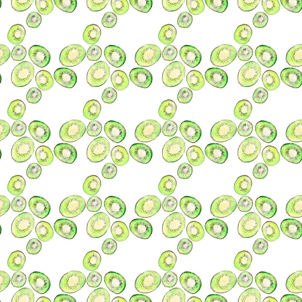 Bright ripe tasty delicious beautiful tropical summer desert kiwi fruit chopped and sliced pattern watercolor hand illustration. Perfect for menu, textile, greetings cards — Stock Photo, Image