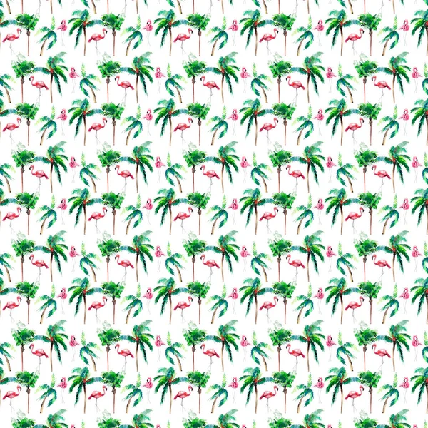 Frumos verde luminos minunat minunat hawaii model floral de vară de palmieri tropicali și roz flamingo acuarelă schiță mână. Perfect pentru felicitări card, textile, imagini de fundal, hârtie de ambalaj — Fotografie, imagine de stoc