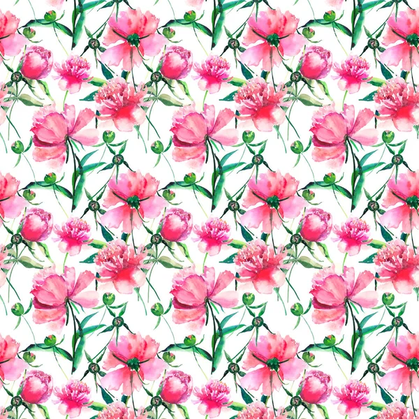 Lumineux mignon tendre belle belle magnifique printemps floral pivoine rose avec des feuilles vertes et bourgeons aquarelle illustration à la main. Parfait pour carte de vœux, design textile — Photo