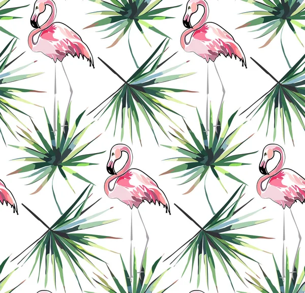 Bright lovely tender gentle sophisticated wonderful tropical hawaii animal wild summer beach floral herbal summer seamless pattern of a palm leaves and pink flamingo vector illustration — Stock Vector