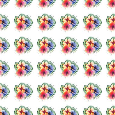Güzel parlak güzel harika yeşil tropikal hawaii çiçek bitkisel yaz renkli desen tropikal hibiscus çiçek ve yaprak suluboya el illüstrasyon palms