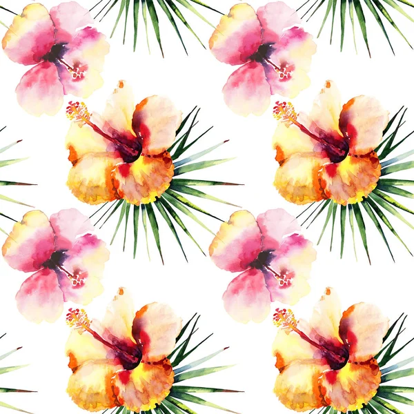 Heldere mooie tedere verfijnde mooie tropische hawaii floral zomer patroon van een tropic licht roze en gele hibiscus en groene palm laat aquarel hand illustratie. Perfect voor textiel — Stockfoto