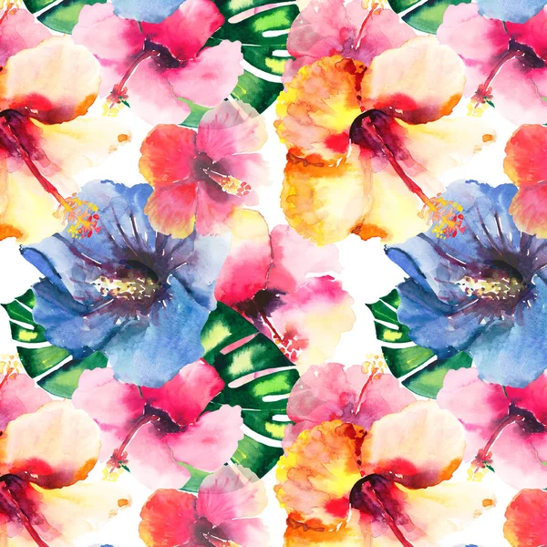 Vackra ljusa härliga underbara gröna tropiska hawaii blommig växtbaserade sommaren färgglada mönster av tropiska blommor hibiscus och palms bladen akvarell hand illustration — Stockfoto