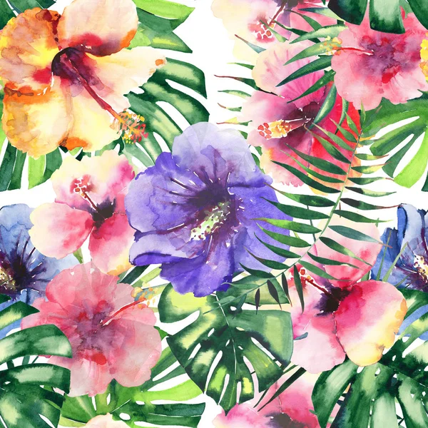 Mooie heldere mooie prachtige groene tropische hawaii floral kruiden zomer kleurrijke patroon van tropische hibiscus bloemen en palmen bladeren aquarel hand illustratie — Stockfoto