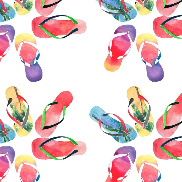 Beautiful bright comfort summer pattern of beach blue yellow flip flops with tropical palm design, red green flip flops, yellow orange pink red blue purple flip flops watercolor hand illustration — Stock Photo, Image