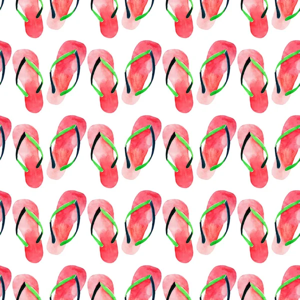 Hermoso patrón de verano lindo hermoso y brillante de playa chanclas verdes rojas acuarela mano ilustración. Perfecto para tarjetas de felicitación, textiles, fondos de pantalla, papel de envolver — Foto de Stock