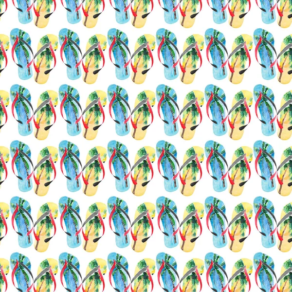 Όμορφο φωτεινό υπέροχο άνεση μοτίβο καλοκαίρι παραλία μπλε κίτρινο flip flops με τροπικούς φοίνικες σχεδιασμό ακουαρέλα χέρι εικονογράφηση — Φωτογραφία Αρχείου