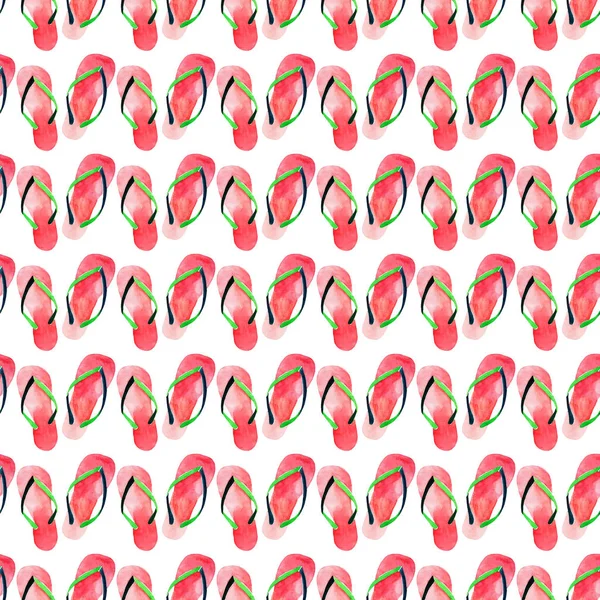 Hermoso patrón de verano lindo hermoso y brillante de playa chanclas verdes rojas acuarela mano ilustración. Perfecto para tarjetas de felicitación, textiles, fondos de pantalla, papel de envolver — Foto de Stock