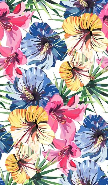 Heldere mooie tedere mooie tropische hawaii floral zomer patroon van een tropic licht roze lelie, hibiscus geel en blauw en groene palm blad naadloze patroon vectorillustratie. Perfect voor textiel — Stockvector