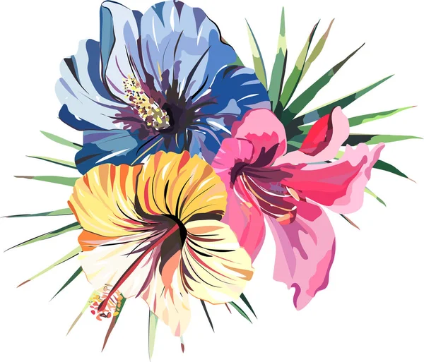 Brillante hermoso tierno sofisticado encantador tropical hawaii patrón de verano floral de un lirio rosa claro tropical, hibisco amarillo y azul e ilustración de vectores de hojas de palma verde. Perfecto para textil — Archivo Imágenes Vectoriales