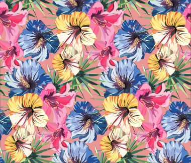 Parlak güzel ihale güzel tropikal hawaii çiçek yaz desen bir tropik hafif pembe lily, sarı ve mavi ebegümeci ve yeşil palmiye yaprağı Dikişsiz desen vektör çizim pembe bir arka plan üzerinde