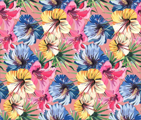 Brillante bella tenera bella tropicale hawaii floreale modello estivo di un giglio rosa chiaro tropicale, ibisco giallo e blu e foglia di palma verde modello senza soluzione di continuità vettoriale illustrazione su sfondo rosa — Vettoriale Stock