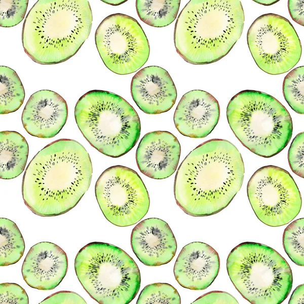 Brillante madura sabroso delicioso hermoso verano tropical kiwi fruta picada y en rodajas patrón acuarela mano ilustración. Perfecto para menú, textil, tarjetas de felicitación — Foto de Stock