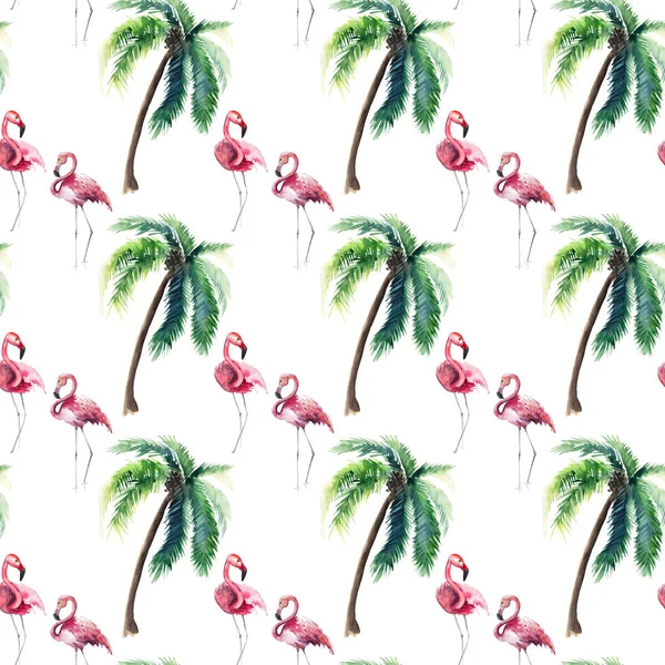 Vackra ljusa gröna hawaii blommig sommar mönster av en tropisk grön palmer och anbud rosa flamingo akvarell hand skiss. Perfekt för gratulationskort, textil, tapeter, omslagspapper — Stockfoto