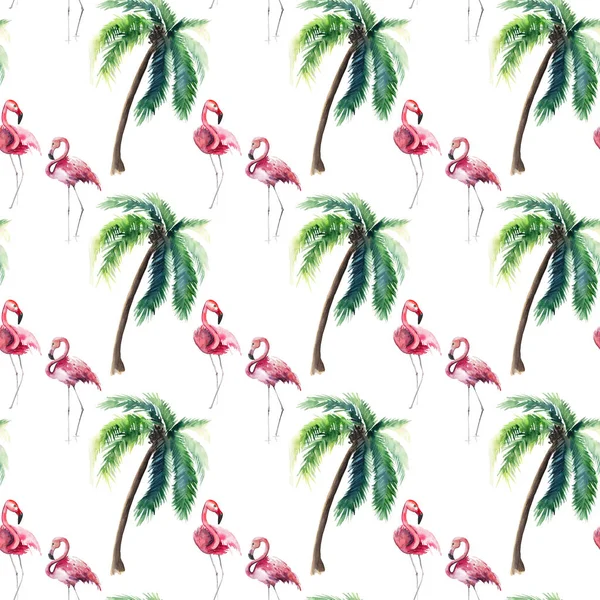 Beautiful bright green hawaii floral summer pattern of a tropical green palm trees and tender pink flamingo watercolor hand sketch. Perfect for greetings card, textile, wallpapers, wrapping paper