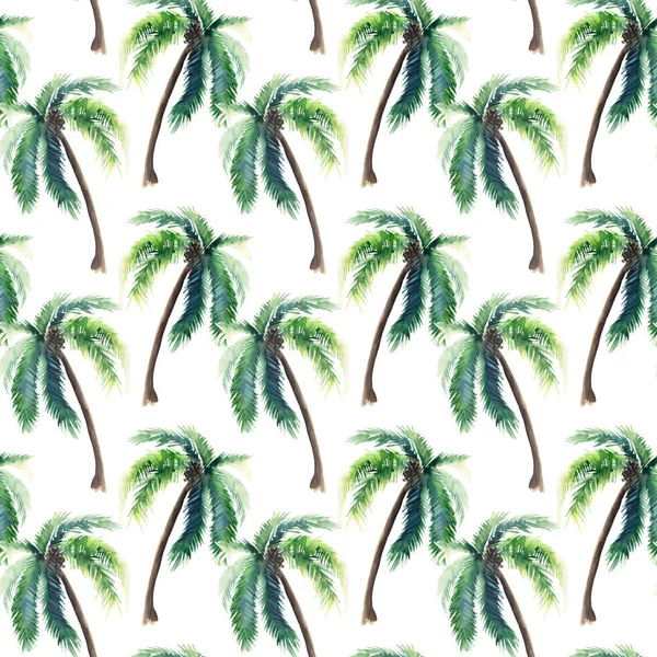 Hermoso brillante lindo verde tropical encantador maravilloso hawaii patrón de verano de hierbas florales de un boceto de la mano de las palmeras acuarela. Perfecto para tarjetas de felicitación, textiles, fondos de pantalla, papel de envolver —  Fotos de Stock