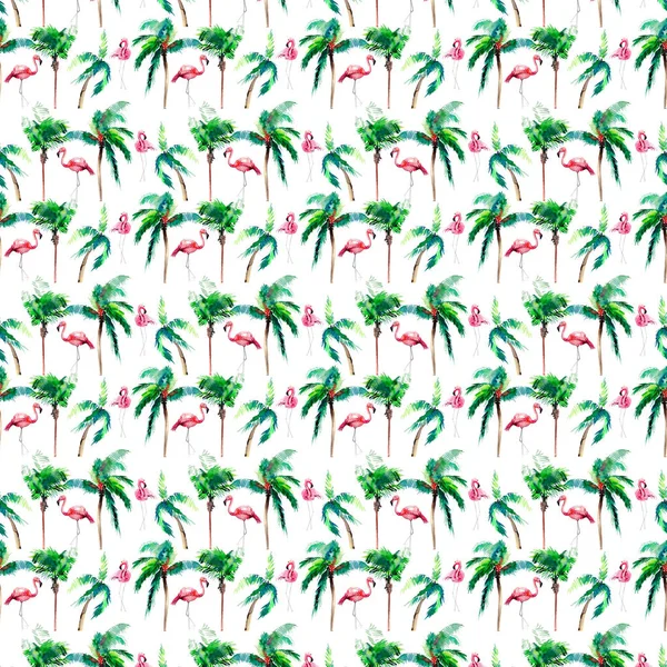 Tropik yeşilin bir güzel parlak yeşil hawaii çiçek yaz desen palmiyeler ve pembe flamingo suluboya el kroki ihale. Tebrik kartı için mükemmel, tekstil, duvar kağıtları, kağıt ambalaj