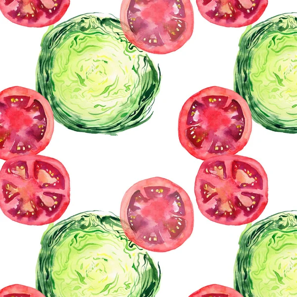 Brillante madura deliciosa hermosa agricultura ensalada de verano col verde y tomates rojos picado y en rodajas patrón acuarela ilustración de la mano. Perfecto para menú, textil, tarjetas de felicitación — Foto de Stock