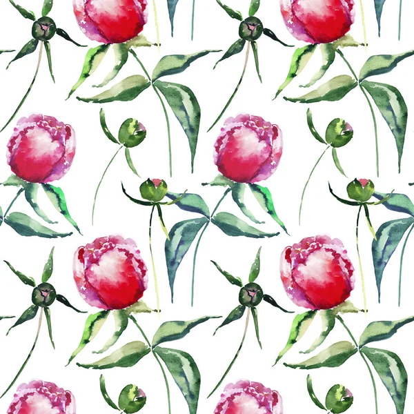 Belle douce douce belle printemps boutons de pivoines florales à base de plantes avec des feuilles vertes motif aquarelle croquis à la main. Parfait pour la carte de vœux et d'anniversaire, mariage, invitation, design textile — Photo