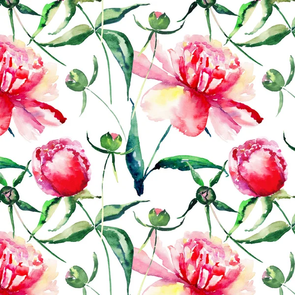 Heldere schattig tedere mooie mooie prachtige lente bloemen kruiden roze pioen met groene verlaat en toppen van aquarel hand illustratie. Perfect voor wenskaart, textielontwerp — Stockfoto