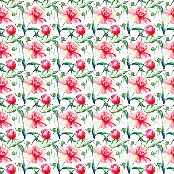 Lumineux mignon tendre belle belle magnifique printemps floral pivoine rose avec des feuilles vertes et bourgeons aquarelle illustration à la main. Parfait pour carte de vœux, design textile — Photo