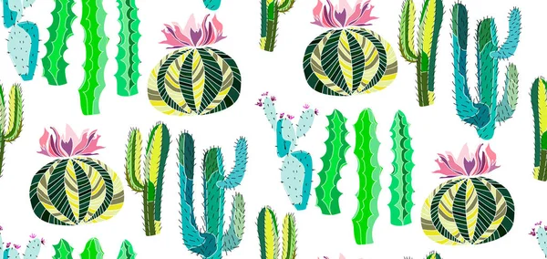 Brillante encantador sofisticado hawaii tropical floral a base de hierbas de verano verde patrón sin costuras de una pintura de cactus como ilustración vectorial infantil — Vector de stock