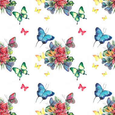 Güzel şirin sofistike muhteşem harika ihale nazik bahar renkli tropikal hibiscus, palmiye yaprakları ve parlak tropikal kelebekler desen suluboya el çizimi