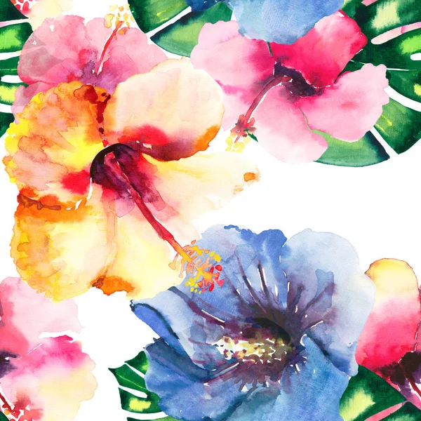 Bella luminoso bello colorato tropicale hawaii floreale a base di erbe estate modello di fiori tropicali ibisco e palme foglie acquerello mano schizzo — Foto Stock