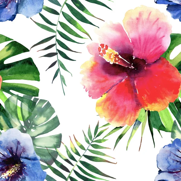 Ljusa vackra anbud sofistikerade härliga tropiska hawaii blommig sommar mönster av en tropic hibiscus och gröna palm lämnar akvarell hand illustration. Perfekt för gratulationskort, textil — Stockfoto